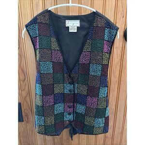 Spenser Jeremy Vintage Multicolor & Blk Beaded Sequin Embellished 100% Silk Vest